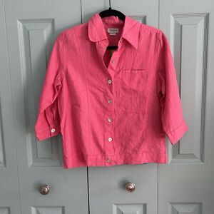 Toofan Womens Linen Pink‎ Button Up Blouse 3/4 Sleeve Small Collared